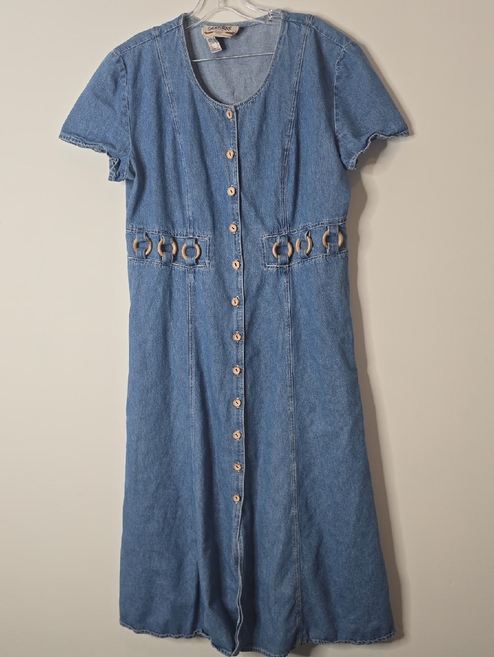 Vintage 90's Denim Button-Front Midi Dress with Ring Detail – Boho Cottagecore